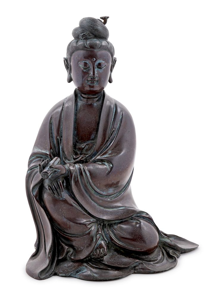 Appraisal: A Silver Inlaid Bronze Figure of Guanyin Height in cm