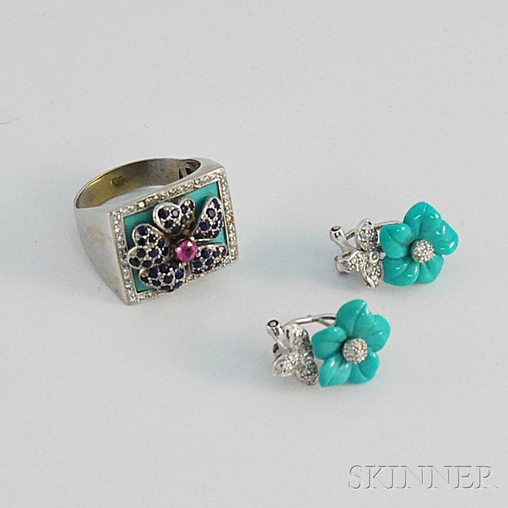 Appraisal: White Gold and Turquoise Suite an kt white gold ring