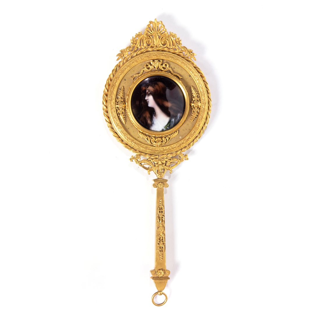 Appraisal: A Continental enamel inset gilt bronze hand mirror centering a