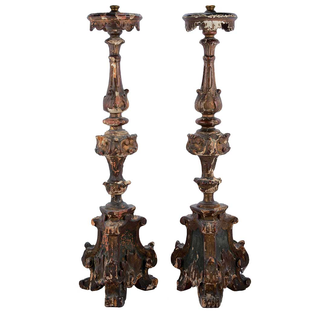 Appraisal: Pair of Italian Rococo Painted and Parcel Gilt Altar Sticks