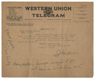 Appraisal: Houdini Harry Ehrich Weisz Telegram from Houdini to Walter Floyd