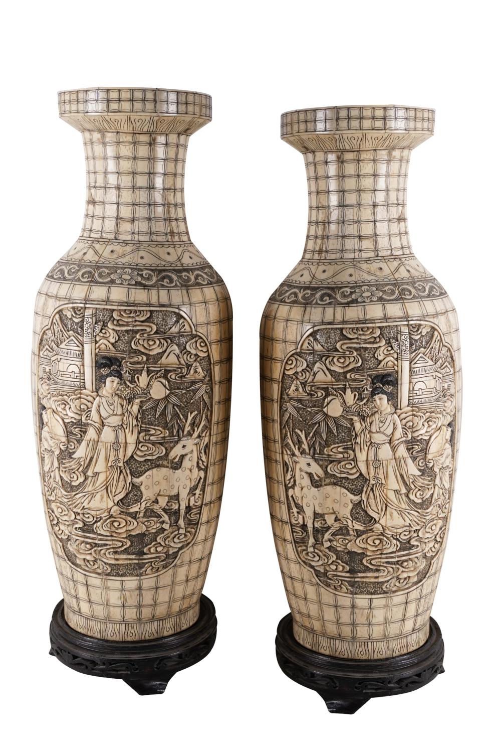 Appraisal: PAIR OF CHINESE BONE-VENEERED VASES th century each with central