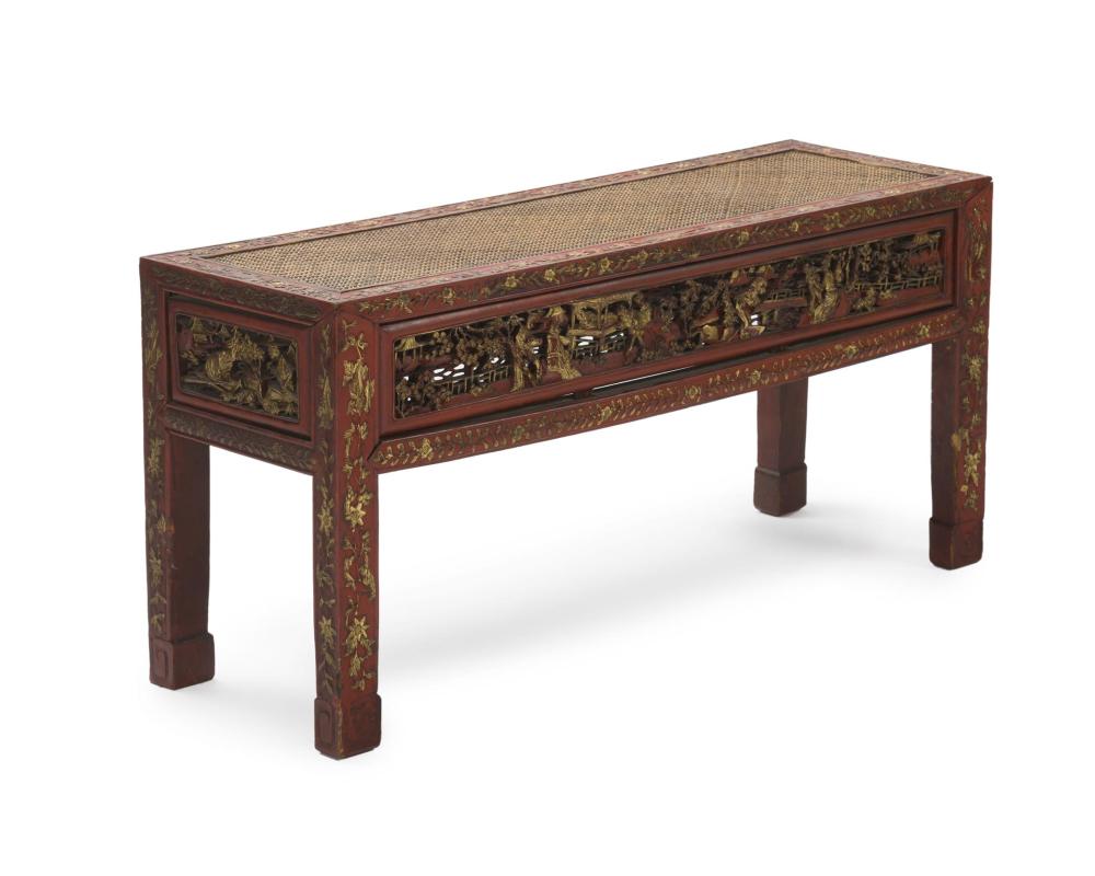 Appraisal: A Chinese painted and carved wood bench Late th early