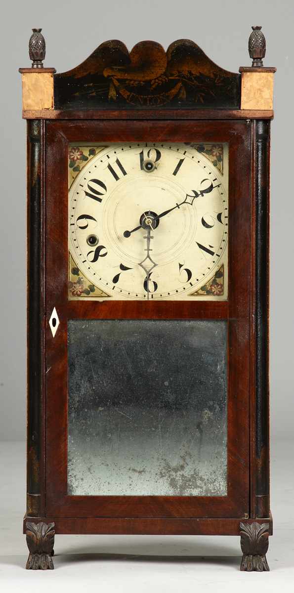 Appraisal: Silas Hoadley Miniature Alarm Shelf Clock Mahogany case with tiger