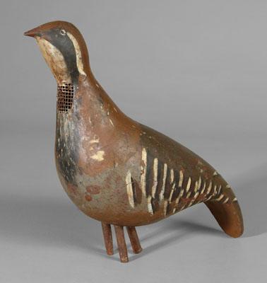 Appraisal: Painted tin quail decoy open throat with screen three supporting