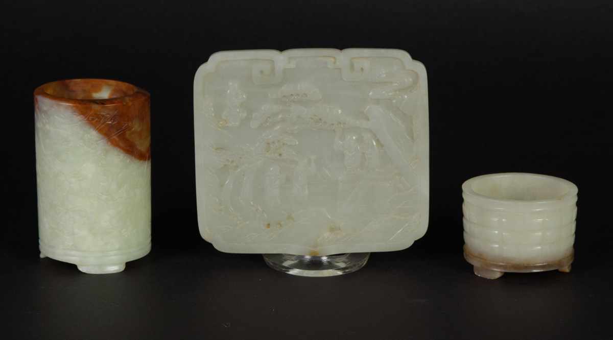 Appraisal: Chinese Carved Celadon Jade Scholars PlaqueIncised decoration of contemplating scholars