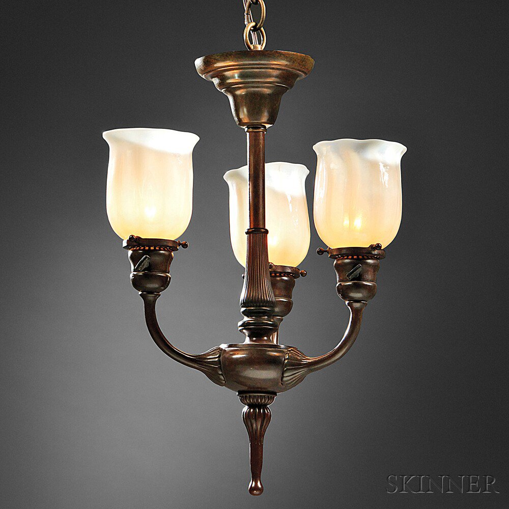 Appraisal: Hanging Lamp Attributed to Tiffany Studios with Signed Shades Bronze