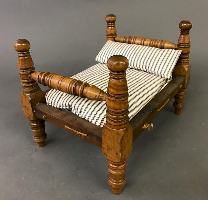 Appraisal: Tiger Maple Doll Rope Bed Tiger maple doll rope bed