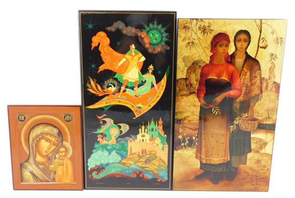 Appraisal: Three Russian lacquer plaques one an Icon of the Blessed