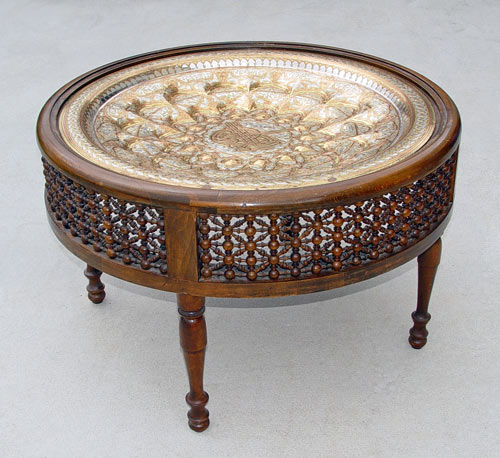 Appraisal: EGYPTIAN MASHRABIYA TABLE WITH MIXED METAL TRAY Metal tray under