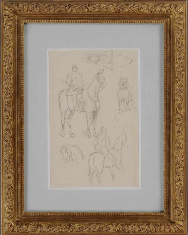 Appraisal: ATTRIBUTED TO TOULOUSE LAUTREC FIGURES ON HORSEBACK DOUBLE-SIDED Pencil on