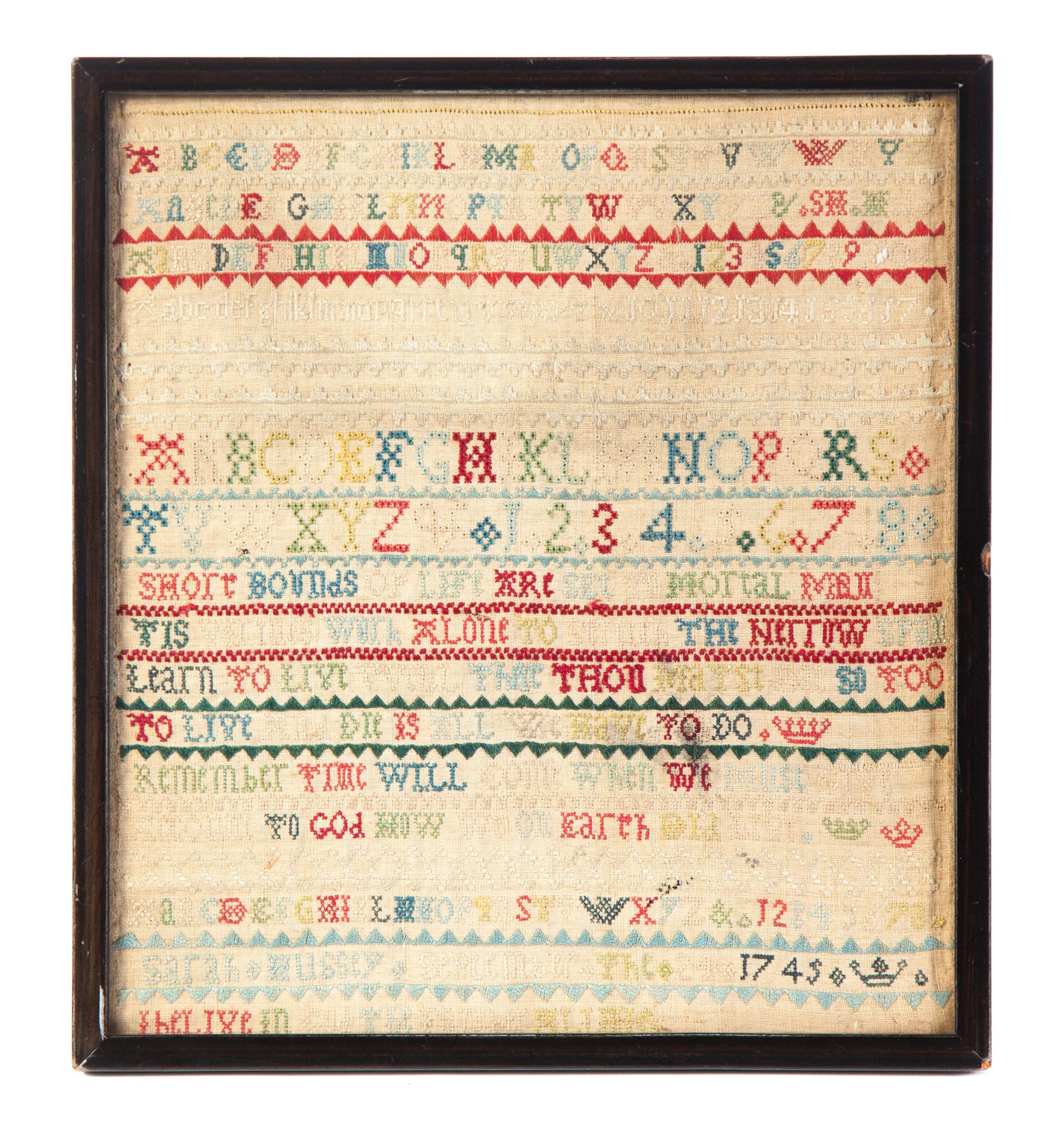 Appraisal: FRAMED SAMPLER DATED England linen with colored silk thread ABC's