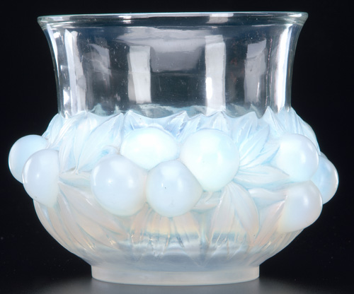 Appraisal: R LALIQUE Vase Prunes opalescent with blue-green patina c M