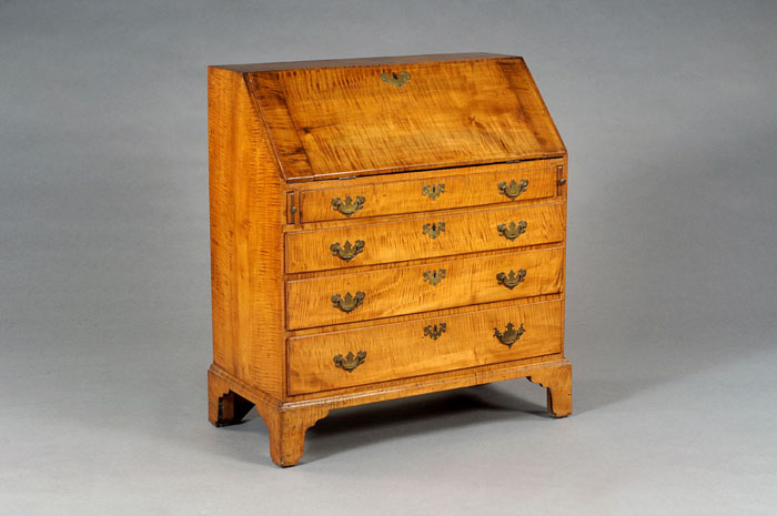 Appraisal: NEW ENGLAND CHIPPENDALE TIGER MAPLE SLANT-LID DESK The rectangular dovetailed