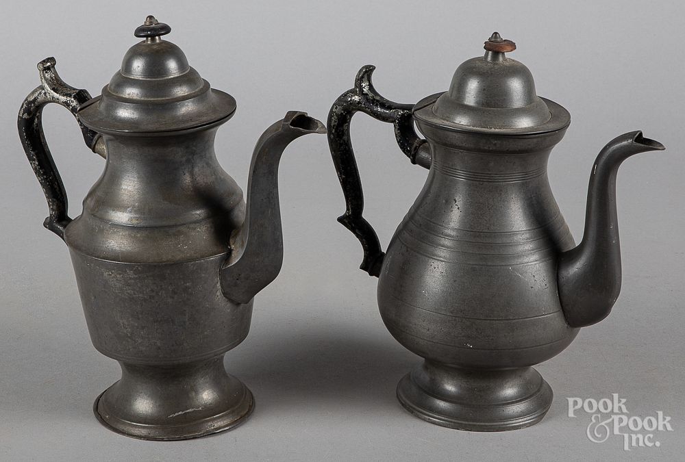 Appraisal: Two American pewter coffee pots th c Two American pewter