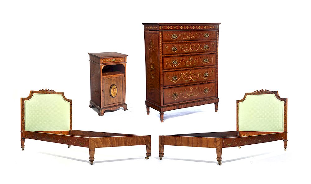 Appraisal: Piece Edwardian decorated mahogany bedroom set Piece Edwardian decorated mahogany