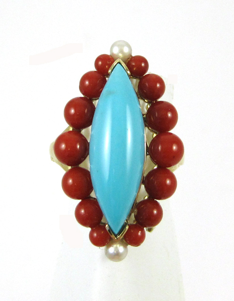 Appraisal: TURQUOISE CORAL AND PEARL RING k yellow gold with round