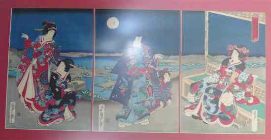 Appraisal: Toyokuni III and Kunisada II two woodblock triptychs Ladies in