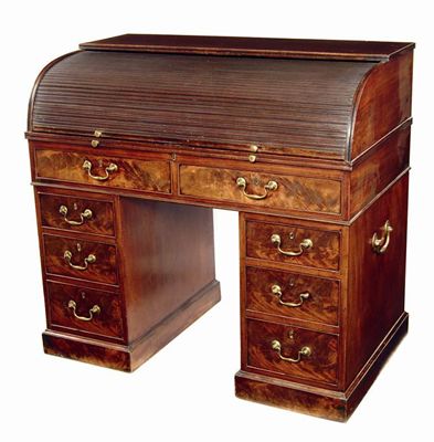 Appraisal: A George III mahogany cylinder writing desk the tambour shutter