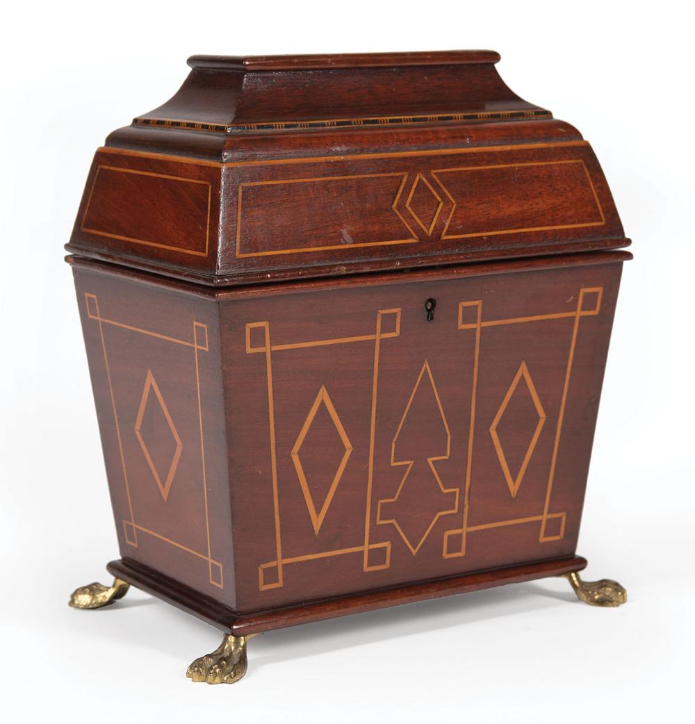 Appraisal: Antique English Inlaid Mahogany Tea Caddy interior with two lidded