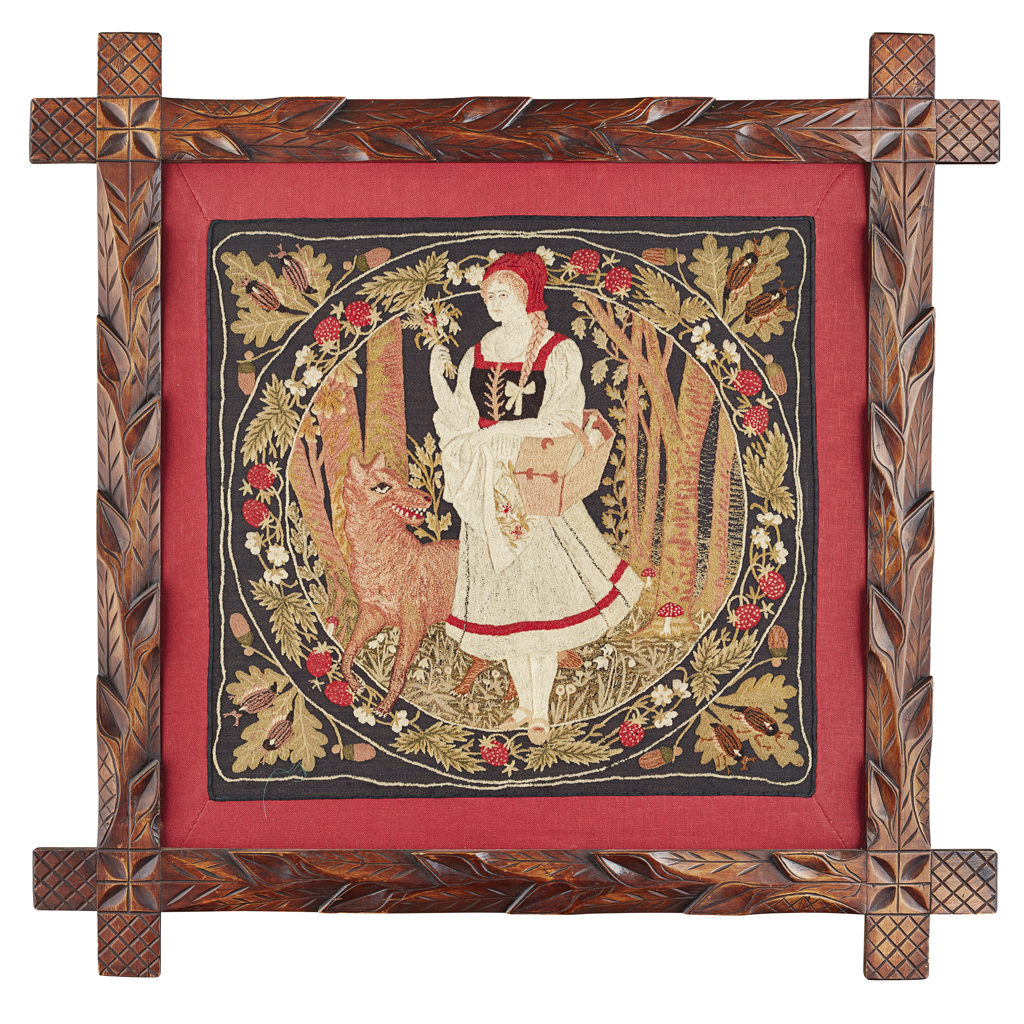 Appraisal: GERMAN SCHOOL 'RED RIDING HOOD THE WOLF' WOOLWORK PANEL CIRCA