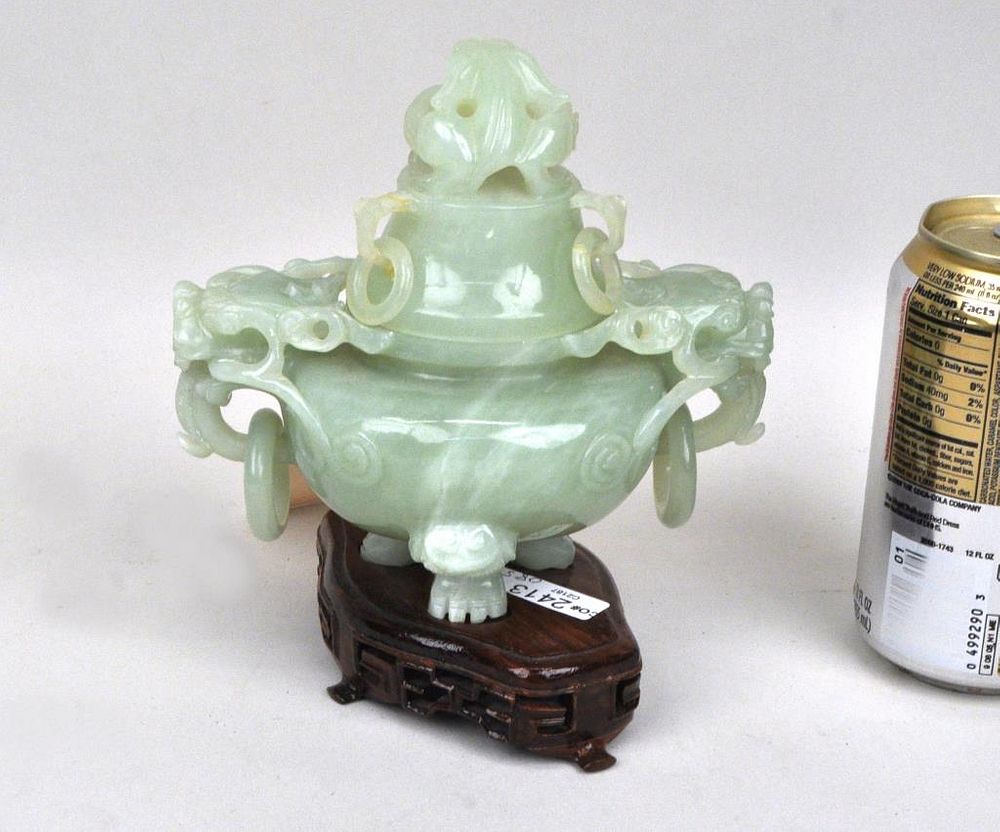 Appraisal: Chinese Celadon Jade Carved Archaistic Censer tripod form carved with