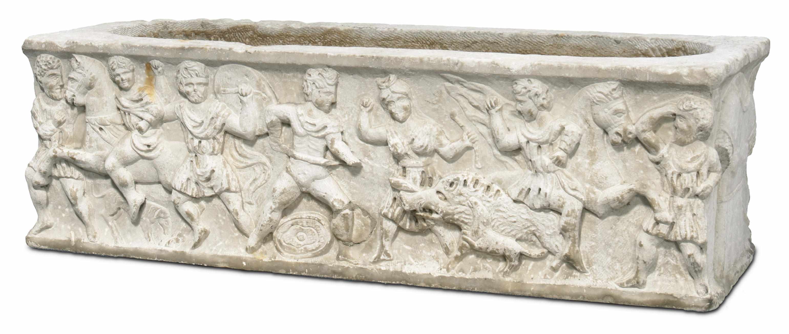 Appraisal: A Roman style carved marble sarcophagus after the antique Of