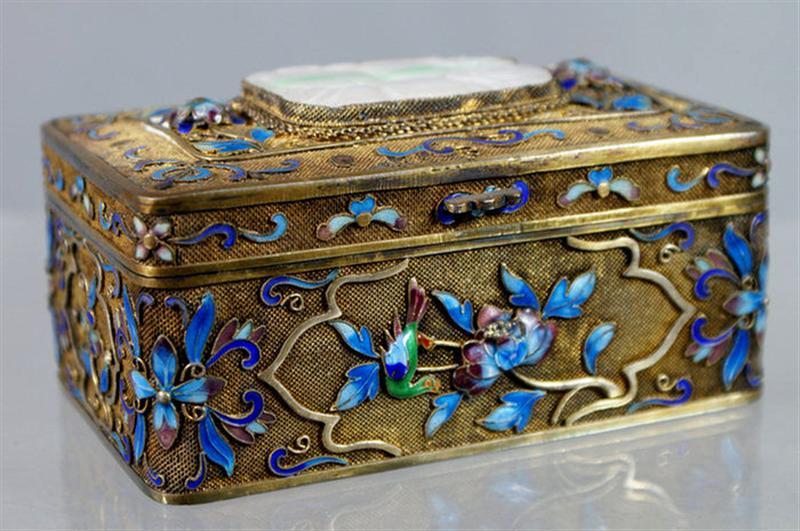 Appraisal: Gilt filigree silver enameled covered box with white carved jade