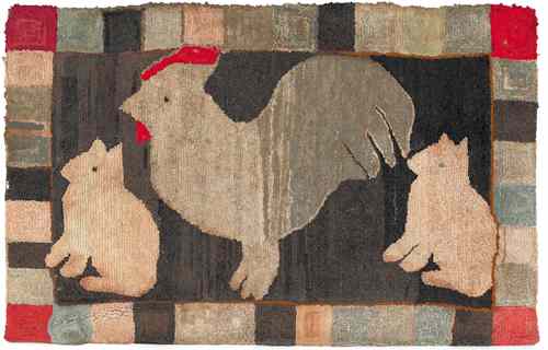 Appraisal: American hooked rug ca with a chicken flanked by cats