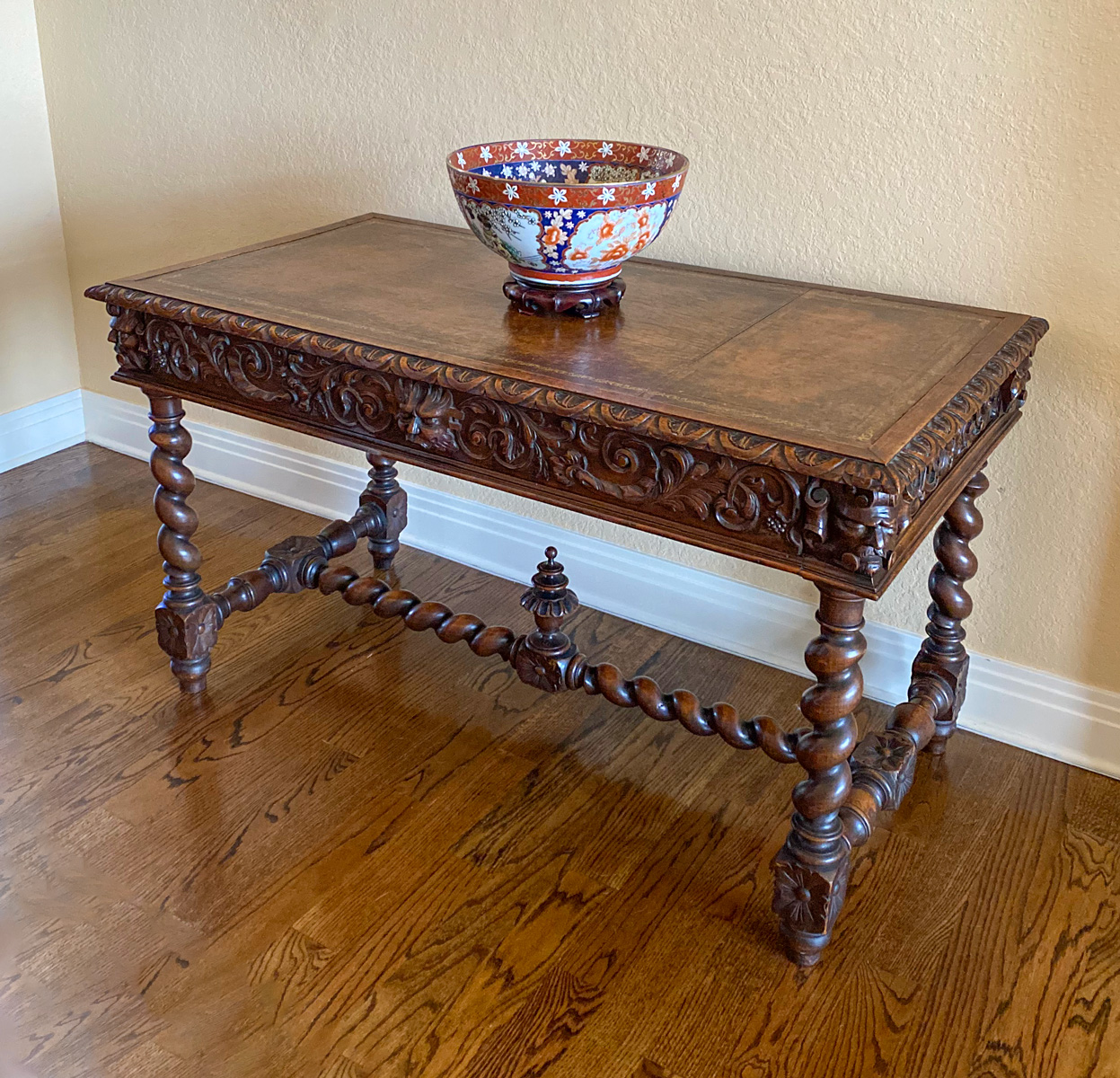 Appraisal: CARVED OAK LEATHER TOP LIBRARY TABLE Carved Oak library table