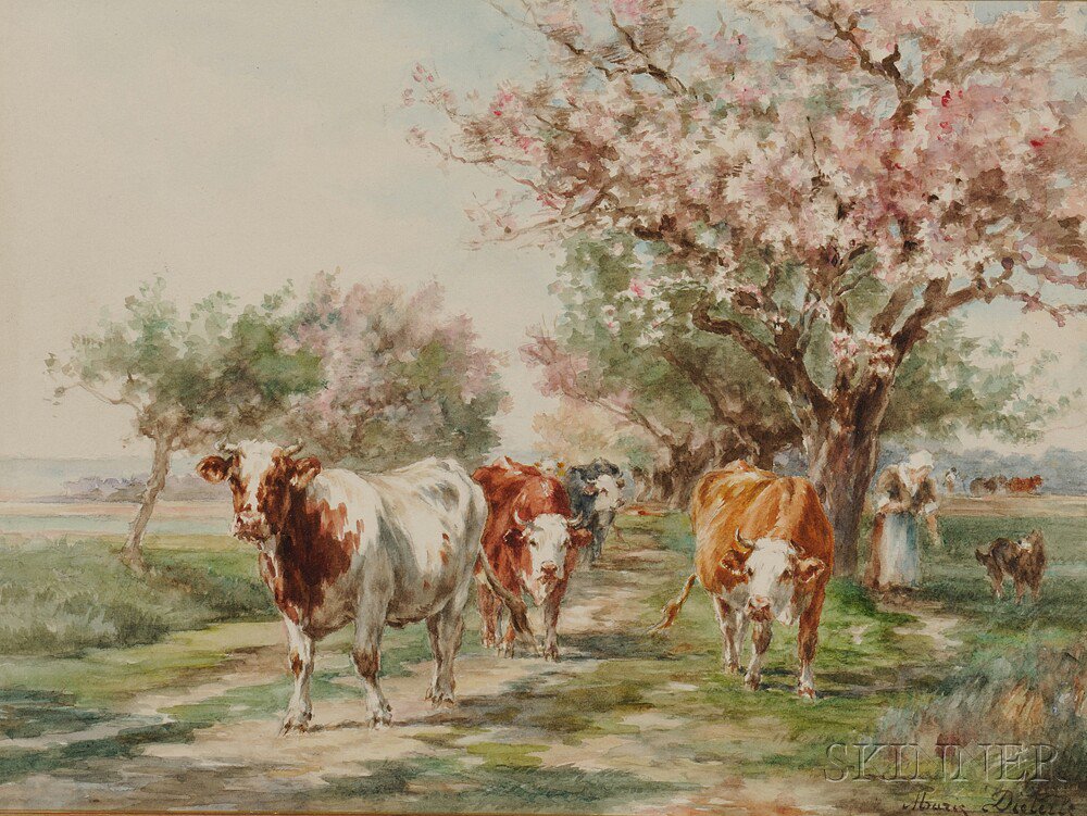 Appraisal: Marie Dieterle French - Cows on a Path Lined with