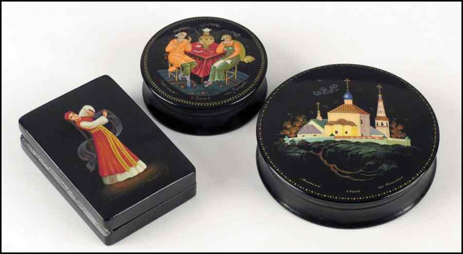 Appraisal: THREE RUSSIAN LACQUERED BOXES Largest '' x '' Condition No