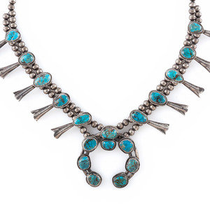 Appraisal: Petit Navajo Silver and Turquoise Squash Blossom Necklace third quarter