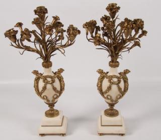 Appraisal: PAIR OF FRENCH BRONZE AND MARBLE CANDELABRA PAIR OF FRENCH