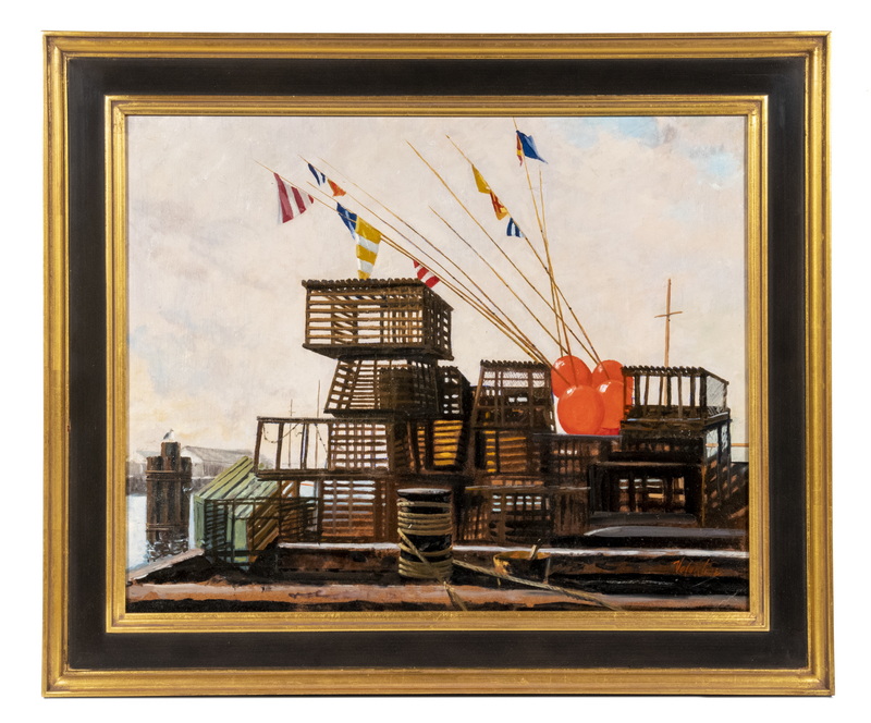 Appraisal: DOCKSIDE PAINTING SIGNED VALENTINE Lobster Traps on Pier oil on