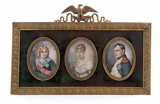 Appraisal: Bonaparte family painted ivory portrait miniatures framed as one th