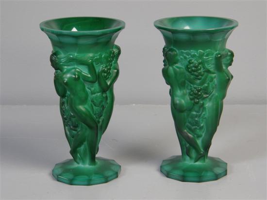 Appraisal: Pair of th century green pressed glass vases moulded with