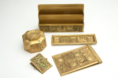 Appraisal: TIFFANY STUDIOS Assembled desk set in the Bookmark pattern paper