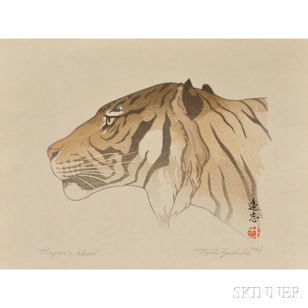 Appraisal: Toshi Yoshida - Tiger's Head Japan color woodblock print signed