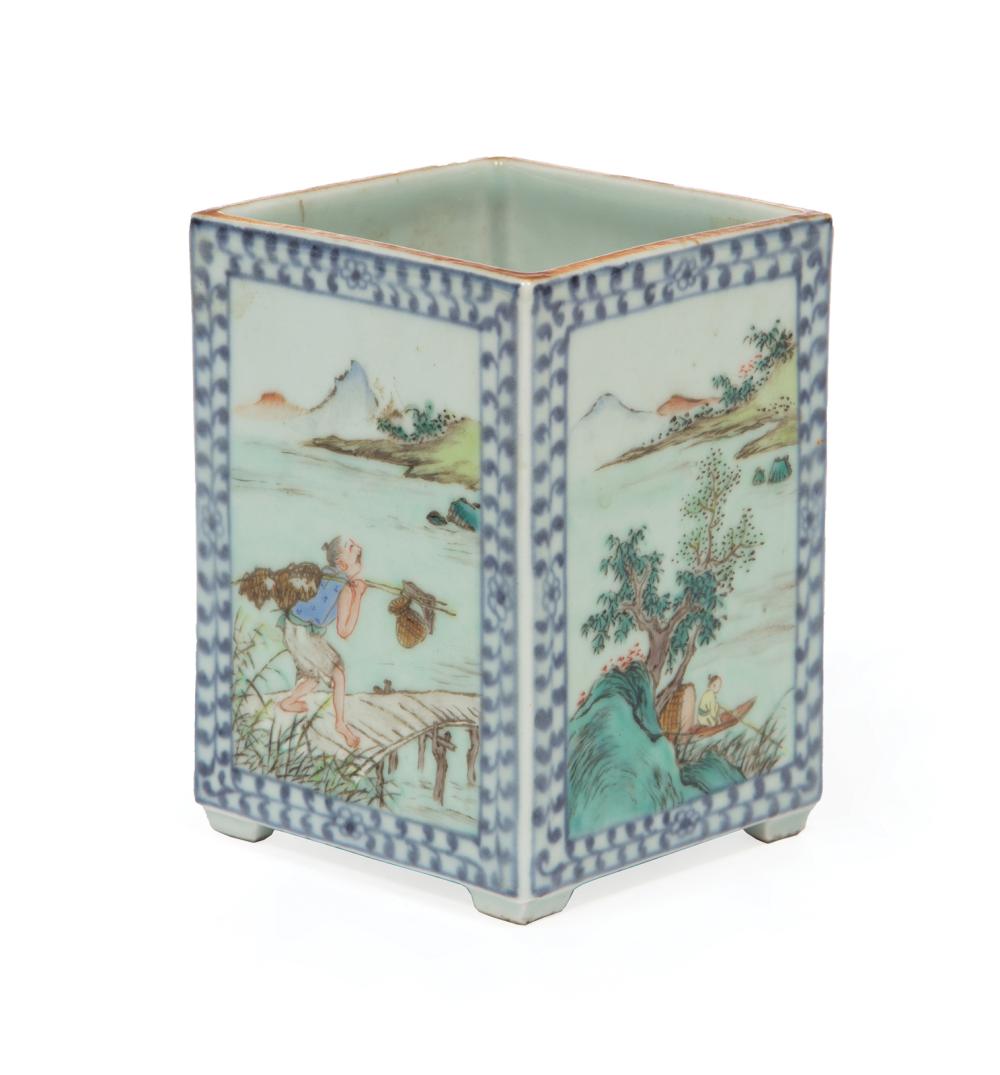 Appraisal: Chinese Famille Rose Decorated Blue and White Porcelain Square Brush