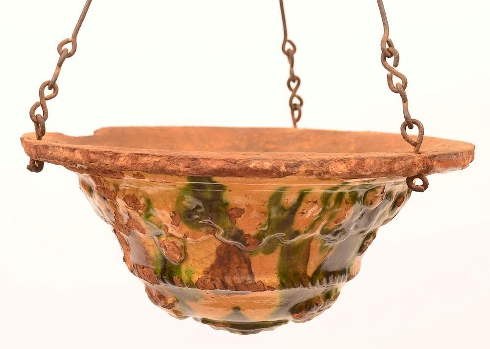 Appraisal: Unsigned Redware Pottery Hanging Planter Unsigned Shenandoah Valley th Century