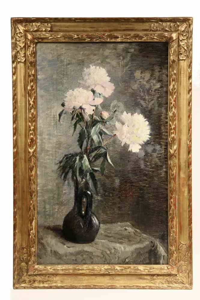 Appraisal: OOC - Still life of White Peonies in a Black