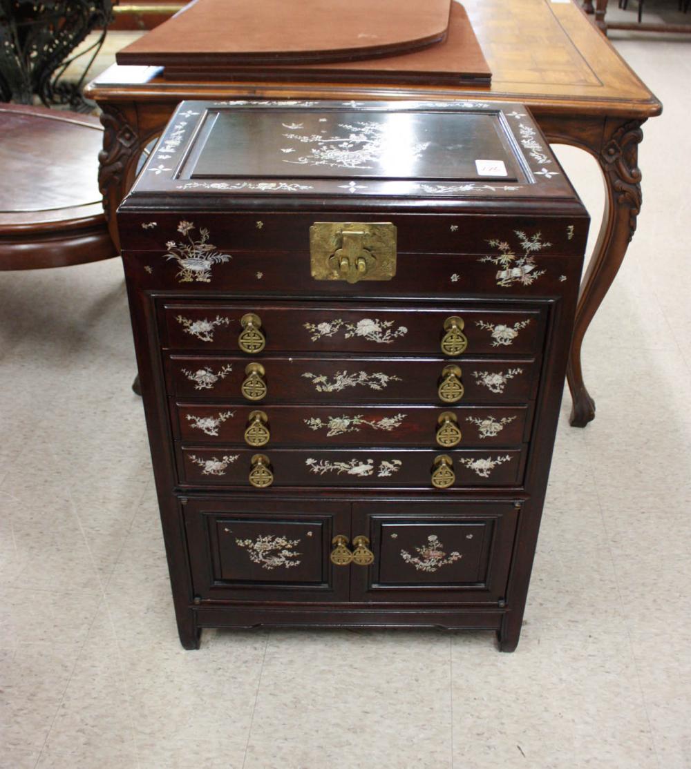 Appraisal: CHINESE INLAID ROSEWOOD SILVERWARE CHEST the lift top four drawers