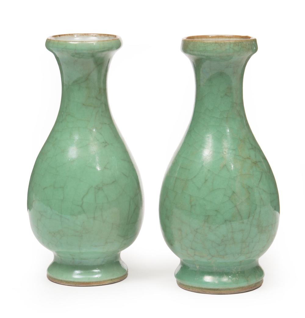 Appraisal: Pair of Chinese Apple Green Crackle Glazed Vases Qing Dynasty