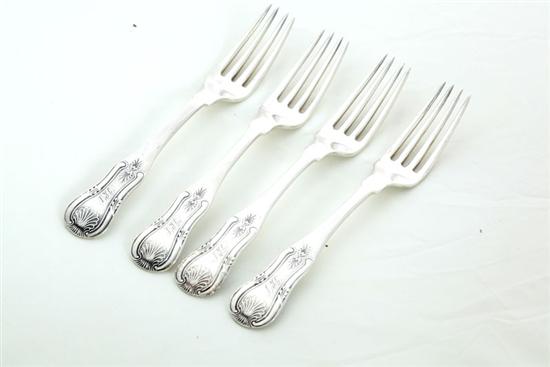 Appraisal: FOUR SILVER FORKS Coin silver dessert forks in the King's