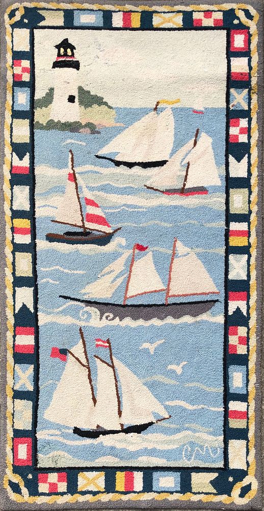 Appraisal: Claire Murray Lighthouse and Sailboats Hooked Rug Claire Murray Lighthouse