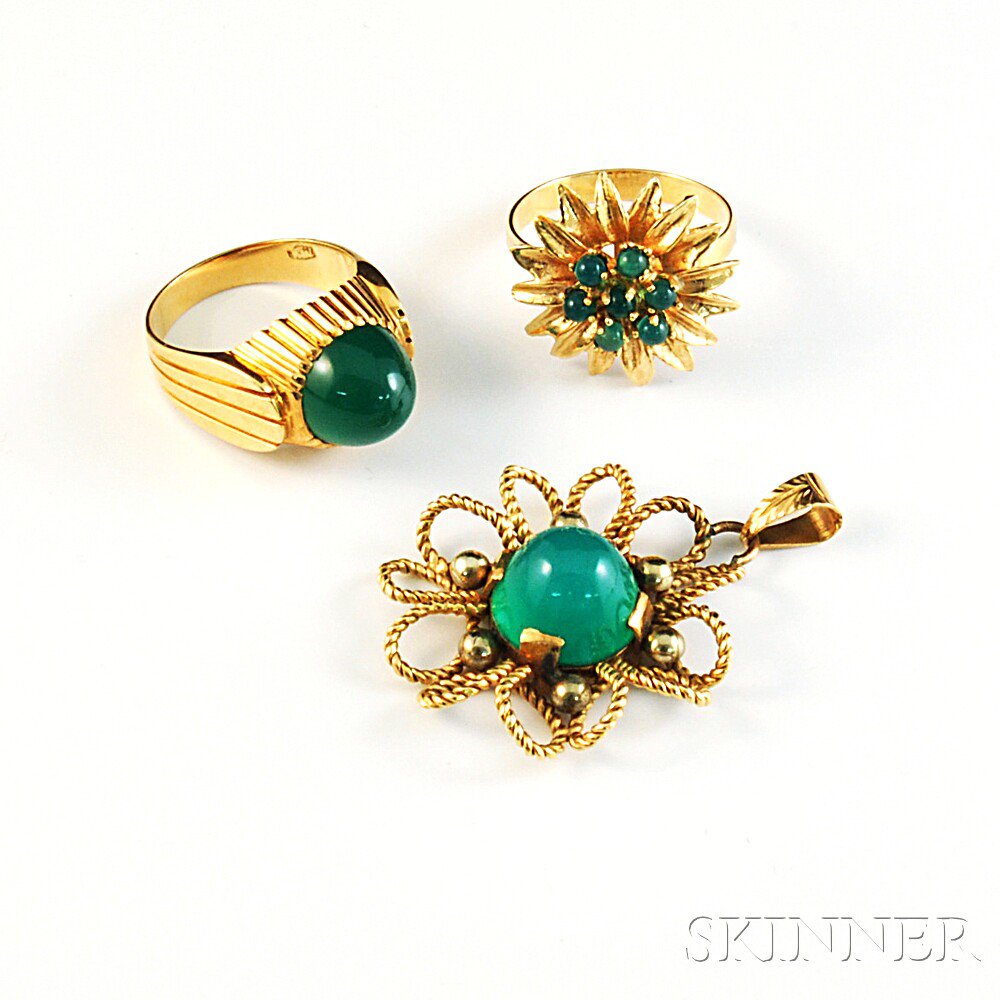 Appraisal: Three Pieces of Gold and Green Stone Jewelry an kt