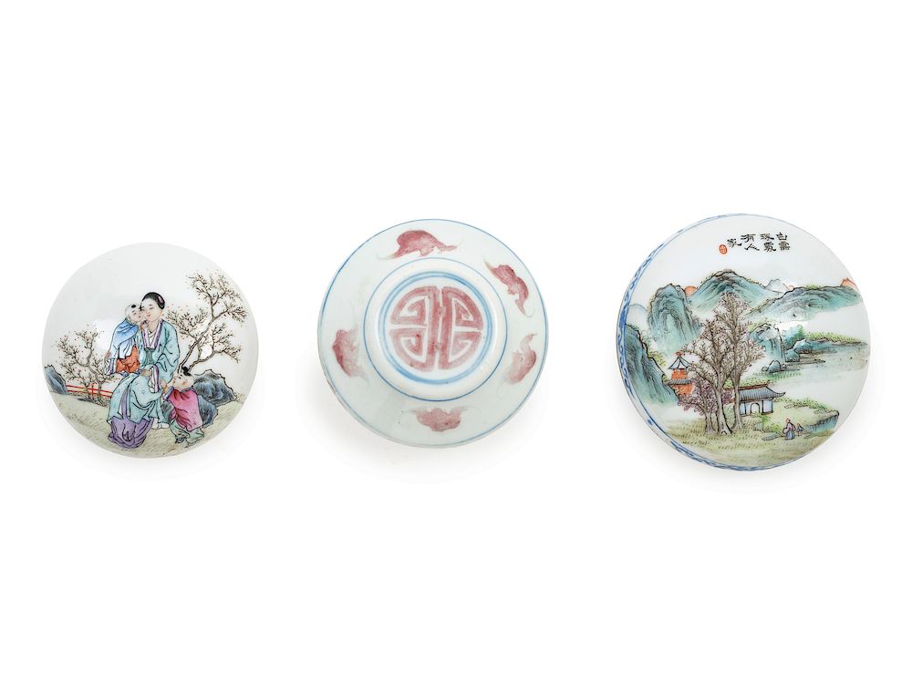 Appraisal: Three Chinese Porcelain Seal Paste Boxes and Covers Largest diam