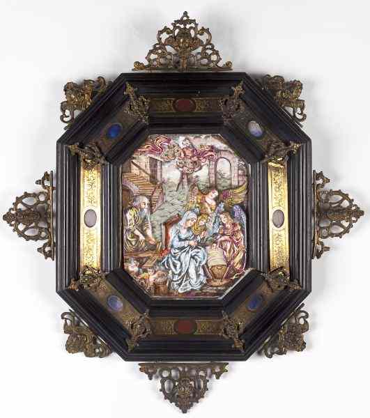 Appraisal: Antique Capodimonte Porcelain Plaqueoctagonal form featuring scene in molded relief