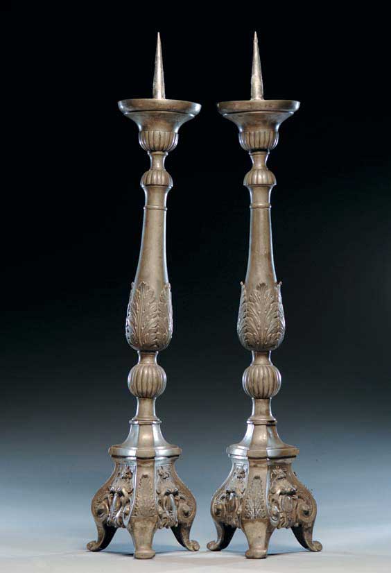 Appraisal: PAIR ANTIQUE PEWTER CANDLESTICKS Pair antique English pewter pricket candlesticks